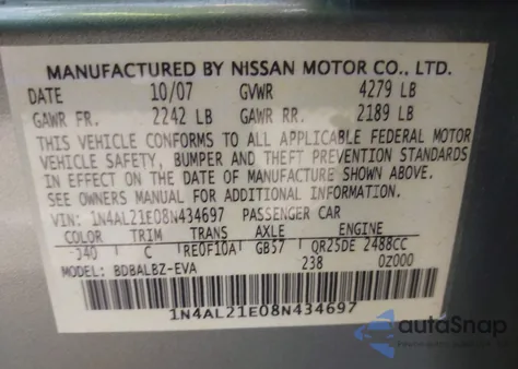 2008 Nissan Altima 2.5 S z USA, uszkodzony, nr VIN 1N4AL21E08N434697